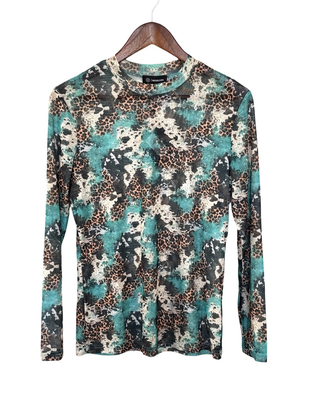 Printed Long Sleeve Top in Teal and Brown - Unbranded